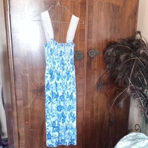 Blue Floral Maxi Dress with White Crochet Straps